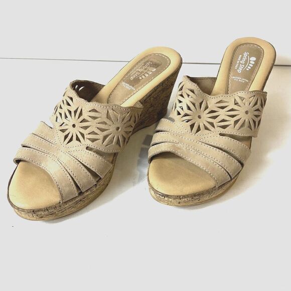 Spring Step Sandals Womens EU 41 US 10.5 Wedge Tan Cutout Leather Casual Slip On - Picture 2 of 10